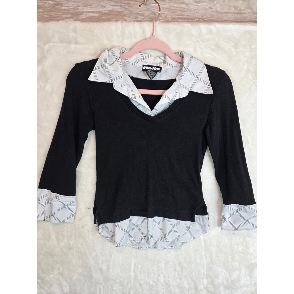 Joujou Black Layered Look V-Neck Sweater White Plaid Collar Cuff Top Small